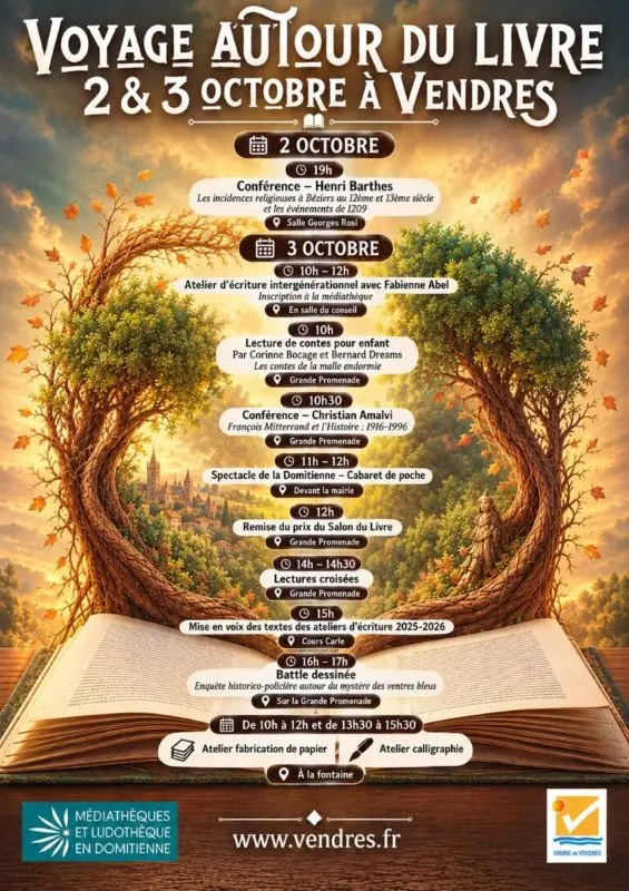 Affiche de "voyages autour du livre" d'octobre 2026 à Vendres